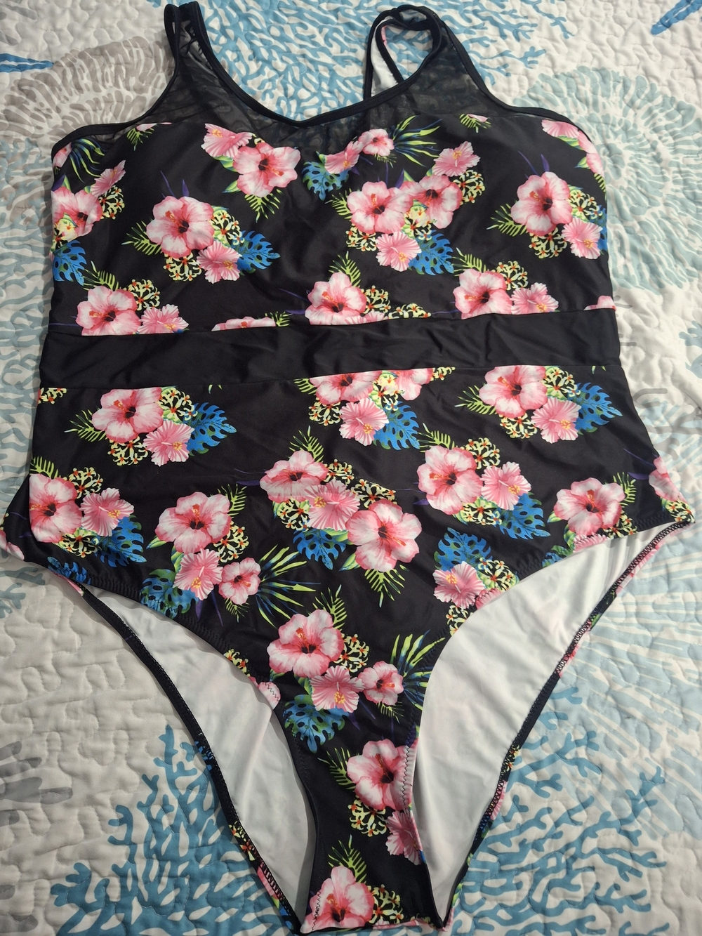 Woman's Black Floral One-Piece Swimsuit with Pink Hibiscus